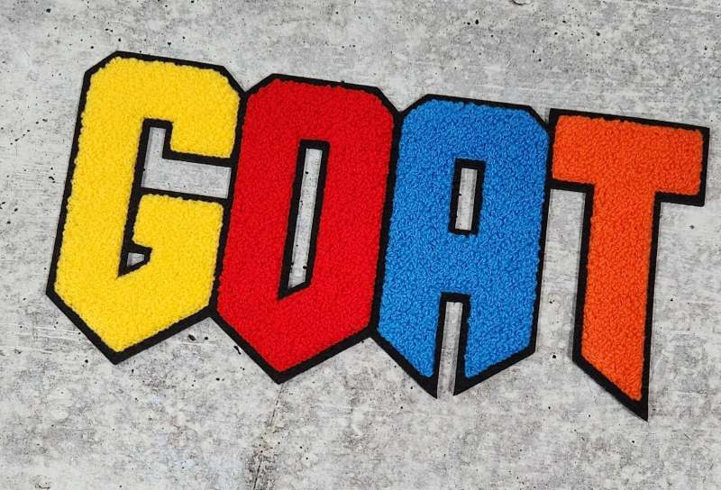 NEW, 1-pc Colorful "GOAT" Chenille Iron-On Patch, Size 9"x5", Large Patch for Varsity Jackets, Denim Jackets, Shirts, & Hoodies