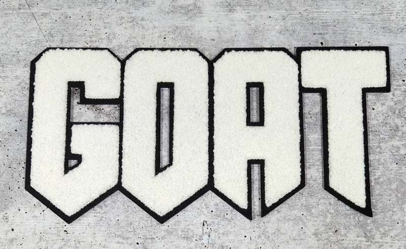 NEW, 1-pc White & Black "GOAT" Chenille Iron-On Patch, Size 9"x5", Large Patch for Varsity Jackets, Denim Jackets, Shirts, Hoodies