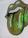 Sequins Yellow Iridescent KISS Lips and Tongue Patch (iron-on) Size 13", LARGE Bling Patch for Denim Jacket, Shirts, Hoodies, and More