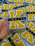 Varsity Monogram Letter, 1-pc, "K" King, Chenille Iron-on Patch, Size 6", Gold|Blue|White|Black, Patch for Men's Jacket, Hoodies, & More