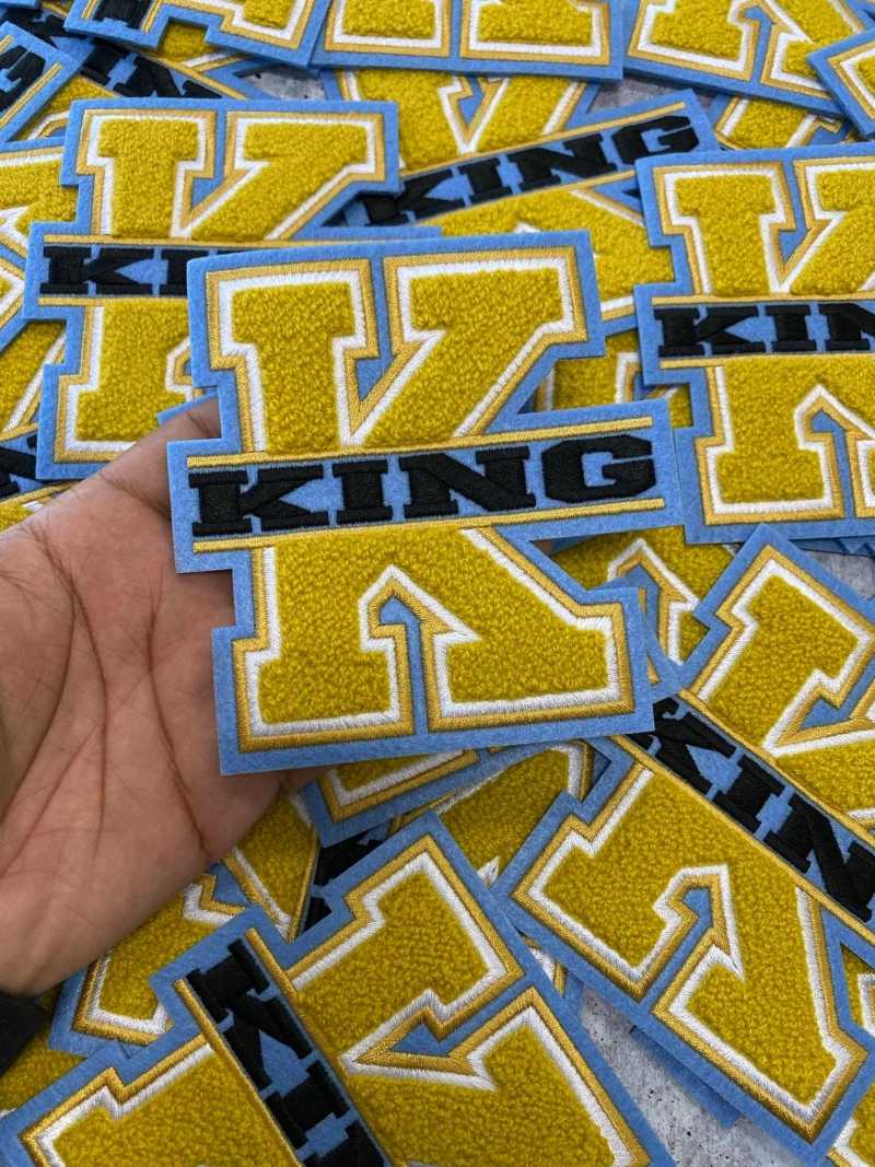 Varsity Monogram Letter, 1-pc, "K" King, Chenille Iron-on Patch, Size 6", Gold|Blue|White|Black, Patch for Men's Jacket, Hoodies, & More