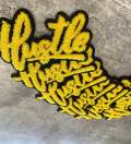 New SIZE, 1-pc Yellow & Black "Hustle" Chenille Patch (iron-on) Size 6"x4", Varsity Patch for Denim, Camos, Hoodies, Small Patch