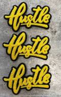 New SIZE, 1-pc Yellow & Black "Hustle" Chenille Patch (iron-on) Size 6"x4", Varsity Patch for Denim, Camos, Hoodies, Small Patch