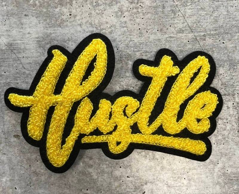 New SIZE, 1-pc Yellow & Black "Hustle" Chenille Patch (iron-on) Size 6"x4", Varsity Patch for Denim, Camos, Hoodies, Small Patch