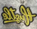 New SIZE, 1-pc Yellow & Black "Hustle" Chenille Patch (iron-on) Size 6"x4", Varsity Patch for Denim, Camos, Hoodies, Small Patch