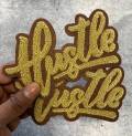 New SIZE, 1-pc Tan & Brown "Hustle" Chenille Patch (iron-on) Size 6"x4", Varsity Patch for Denim, Camos, Hoodies, Small Patch