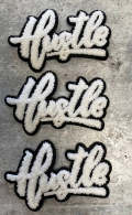 New SIZE, 1-pc White & Black "Hustle" Chenille Patch (iron-on) Size 6"x4", Varsity Patch for Denim, Camos, Hoodies, Small