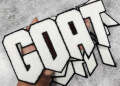 NEW, 1-pc White & Black "GOAT" Chenille Iron-On Patch, Size 9"x5", Large Patch for Varsity Jackets, Denim Jackets, Shirts, Hoodies