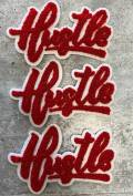 New SIZE, 1-pc Red & White "Hustle" Chenille Patch (iron-on) Size 6"x4", Varsity Patch for Denim, Camos, Hoodies, Small Patch