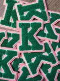 1-pc Green Letter "K" Chenille & Pink Glitter, w/ White Felt, Size 2.75" Varsity Letter Patch with Iron-on Backing, Small Chenille Letters
