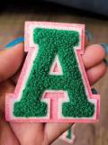 1-pc Green Letter "A" Chenille & Pink Glitter, w/ White Felt, Size 2.75" Varsity Letter Patch with Iron-on Backing, Small Chenille Letters