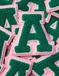 1-pc Green Letter "A" Chenille & Pink Glitter, w/ White Felt, Size 2.75" Varsity Letter Patch with Iron-on Backing, Small Chenille Letters