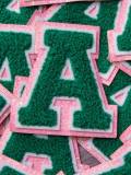 1-pc Green Letter "A" Chenille & Pink Glitter, w/ White Felt, Size 2.75" Varsity Letter Patch with Iron-on Backing, Small Chenille Letters