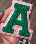 1-pc Green Letter "A" Chenille & Pink Glitter, w/ White Felt, Size 2.75" Varsity Letter Patch with Iron-on Backing, Small Chenille Letters