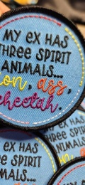 Funny Patch, 1-pc "My Ex Has Three Spirit Animals" Circular Statement Patch, Size 3", Hotfix Patch for Clothing, Colorful & Vibrant