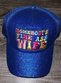 Cute Messy Bun/Ponytail Hat, with "Somebody's Fine A** WIFE" Color Patch, Glitter Hat, Sparkling Bad Hair Day Hat, Popular Patch