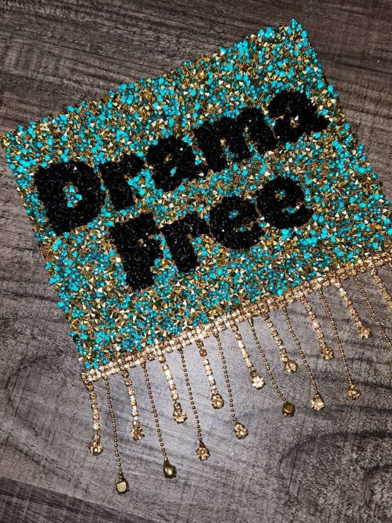 1-pc, Sparkling Statement: "Drama Free Rhinestone Patch" w/Bling Tassels, Iron-on Applique, Size 6"x6" Czech Rhinestones, DIY Fashion