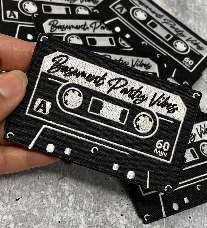Retro Style Casette Tape, 1-pc, "Basement Party Vibes" Iron-On  Embroidered Patch, Size 3.85" Nostalgic Gifts, Small Patch for Jackets, Hats