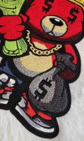 New, Chenille, "RED Money Bear King," w/Dollar Sign Eyes, Large Patch for Jackets or Hoodies, Size 12", Patches for Men, Fuzzy Bear Patch