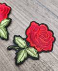 Rosettes, 2 pc Rosebud Set, w/Green Stem (size 3-inches), Matching Embroidered Iron-on Floral Patches, Flower Patches for Clothing