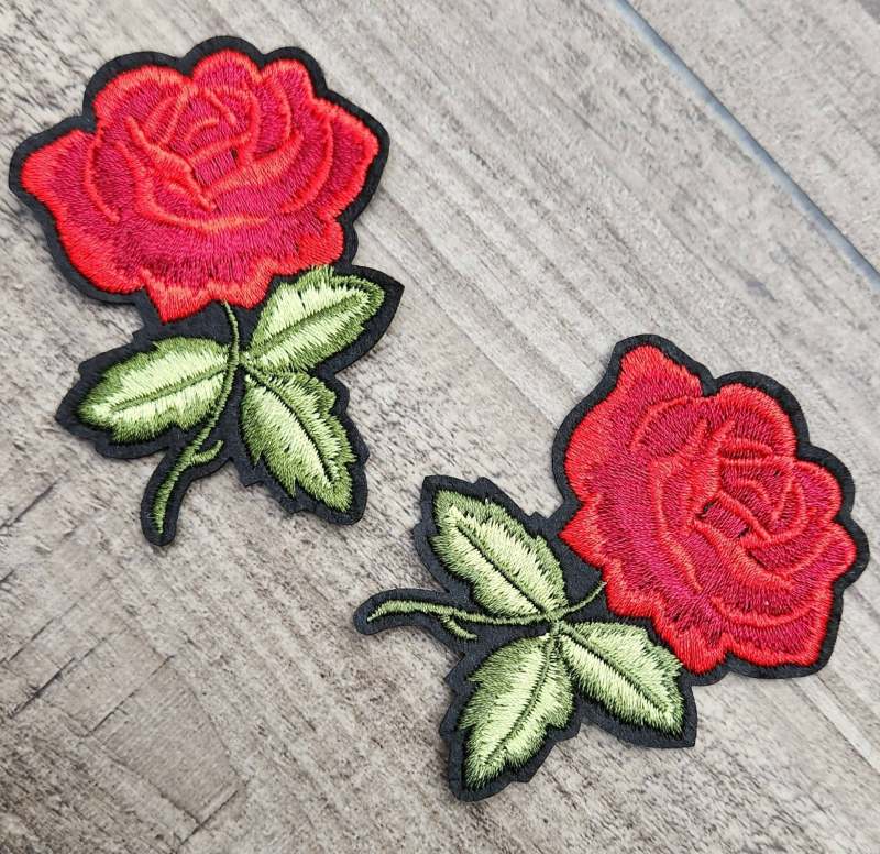 Rosettes, 2 pc Rosebud Set, w/Green Stem (size 3-inches), Matching Embroidered Iron-on Floral Patches, Flower Patches for Clothing
