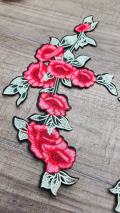 Beautiful 2-pc set, 11" Red Flowers w/Light Green Stem, Matching Floral Embroidered Patches Flower Patches for Clothing and Accessories