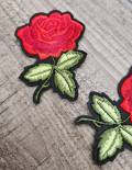 Rosettes, 2 pc Rosebud Set, w/Green Stem (size 3-inches), Matching Embroidered Iron-on Floral Patches, Flower Patches for Clothing