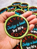 NEW Motivational Quote Patch, "Never Judge a Book" 2.75" inch, Inspirational Applique, Iron-on Embroidered Patch, Embroidery Design