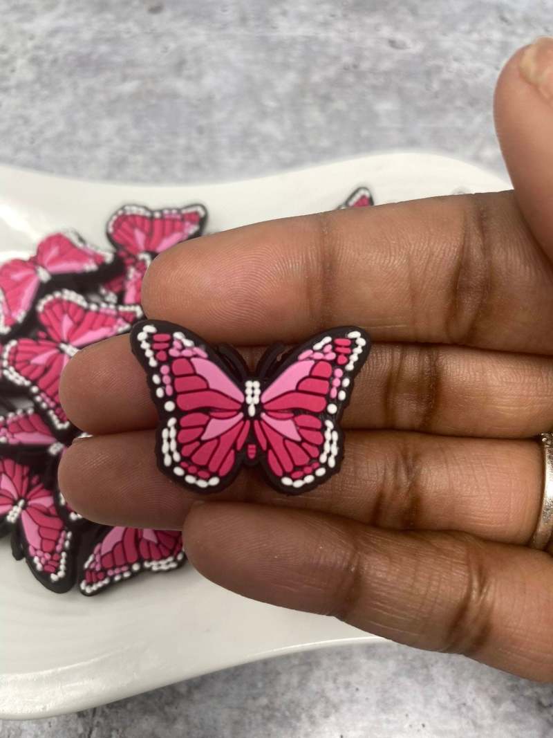 Cute, 1-pc Hot Pink w/Light Pink "Butterfly" Croc Charm;  Charms for Girls & Nurses ; Trendy Rubber Charm for Shoes and Silicone Bracelets