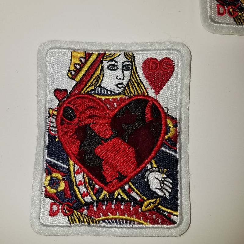 Iron-On, 2-pc set, "Queen of Hearts" Embroidered Playing Card Patches/Appliques, Fun, Patch, 3" x 3" Size Playing Cards