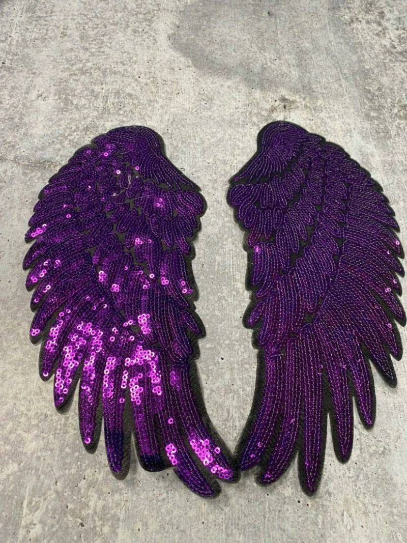 New Sequins, PURPLE Angel Wings Patch (iron-on) Size 10"x5.5", LARGE Bling Patch for Denim Jacket, Shirts, Hoodies, and More
