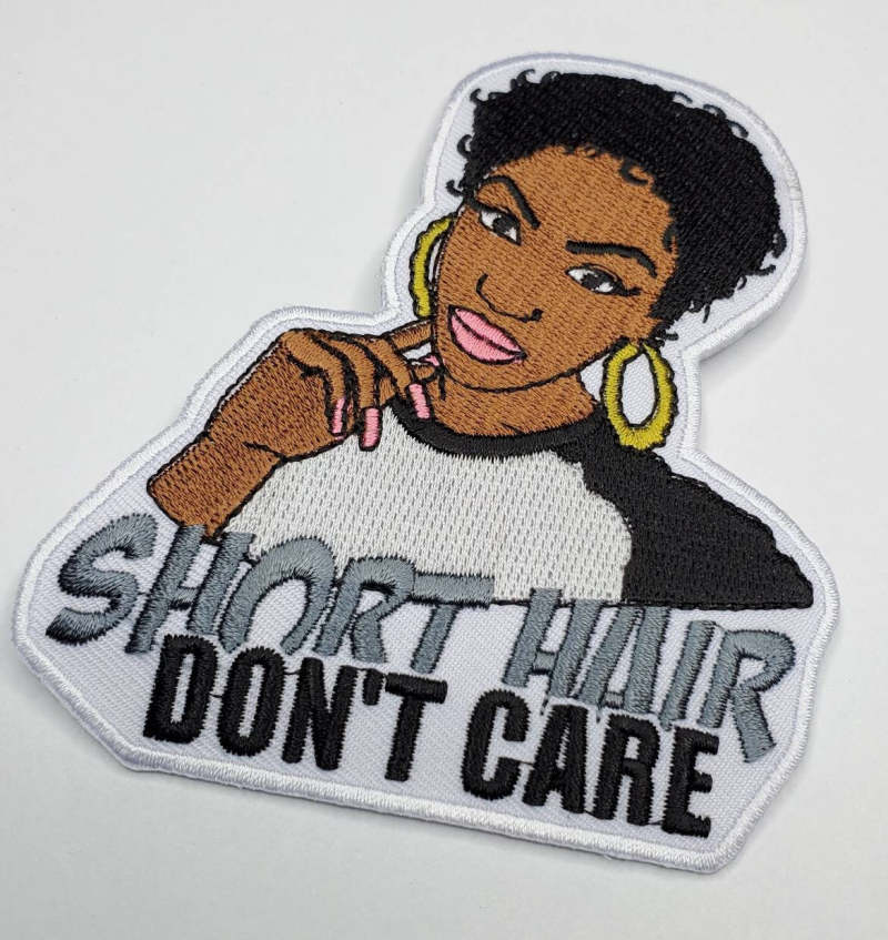 Iron-on Patch "Short Hair, Don't Care" Size 4" Embroidery Patch; Black Girl Magic with Gold Hoops; Patch for Jackets and Accessories