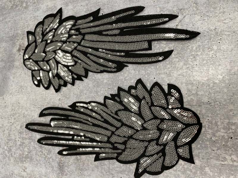 New Sequins, Silver Angel Wings Patch (iron-on) Size 10"x5.5", LARGE Bling Patch for Denim Jacket, Shirts, Hoodies