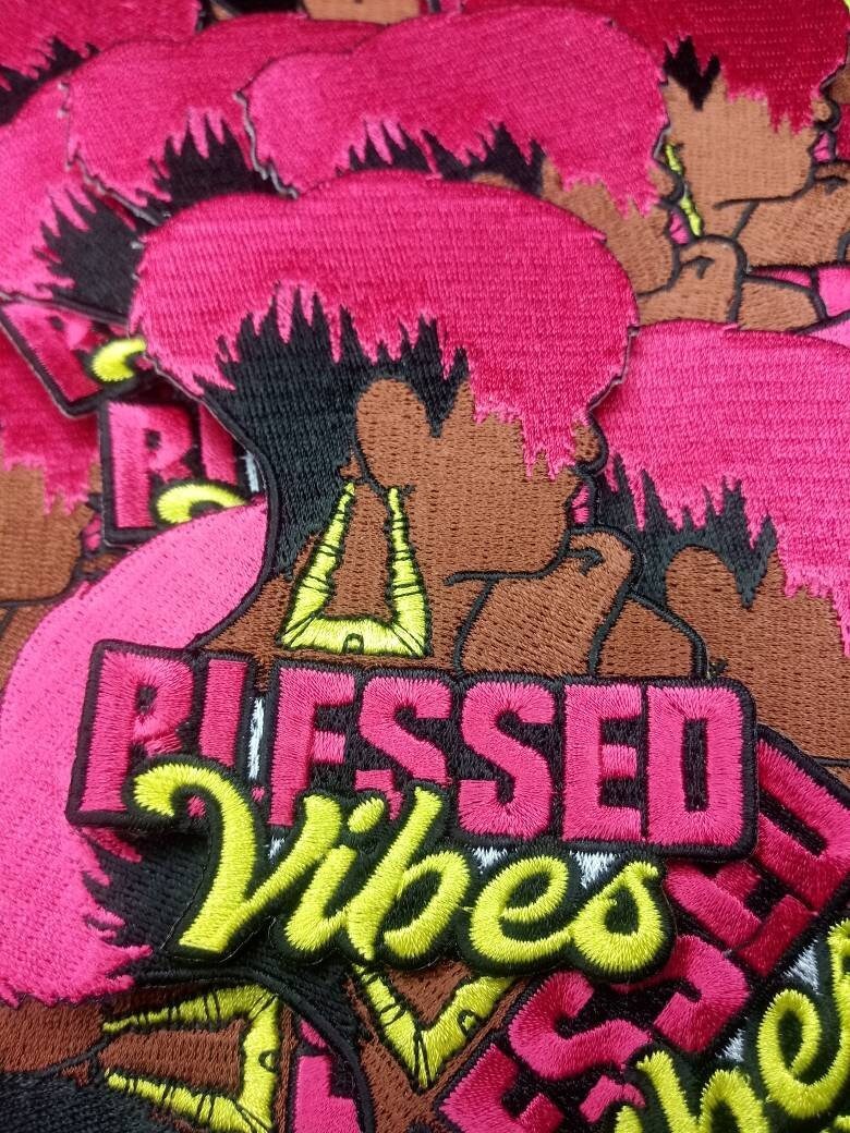 NEW, Bigger Size 4" Blessed Vibes, Hot Pink and Yellow, Inspirational Patch, 3-inch iron-on; Black Girl Magic Patch, Positive Thinking Patch