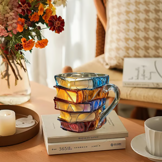 📚 3D Painted Book Mug – Unique Glass Coffee Cup For Readers & Book Lovers🍵