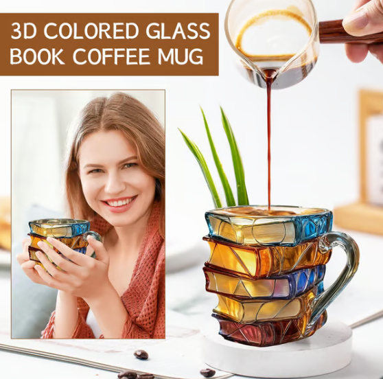 📚 3D Painted Book Mug – Unique Glass Coffee Cup For Readers & Book Lovers🍵