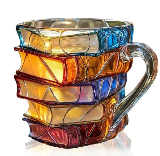 📚 3D Painted Book Mug – Unique Glass Coffee Cup For Readers & Book Lovers🍵