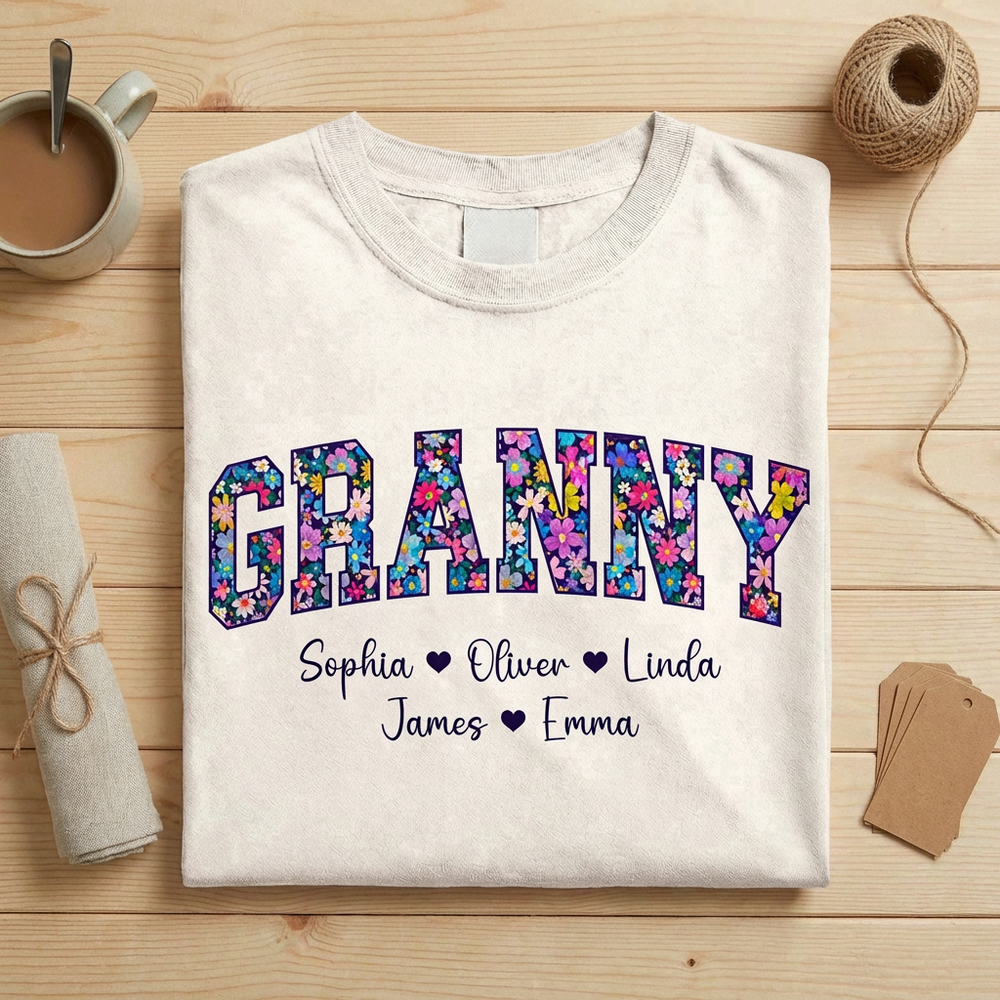 Personalized Floral Grandma Title T-Shirt