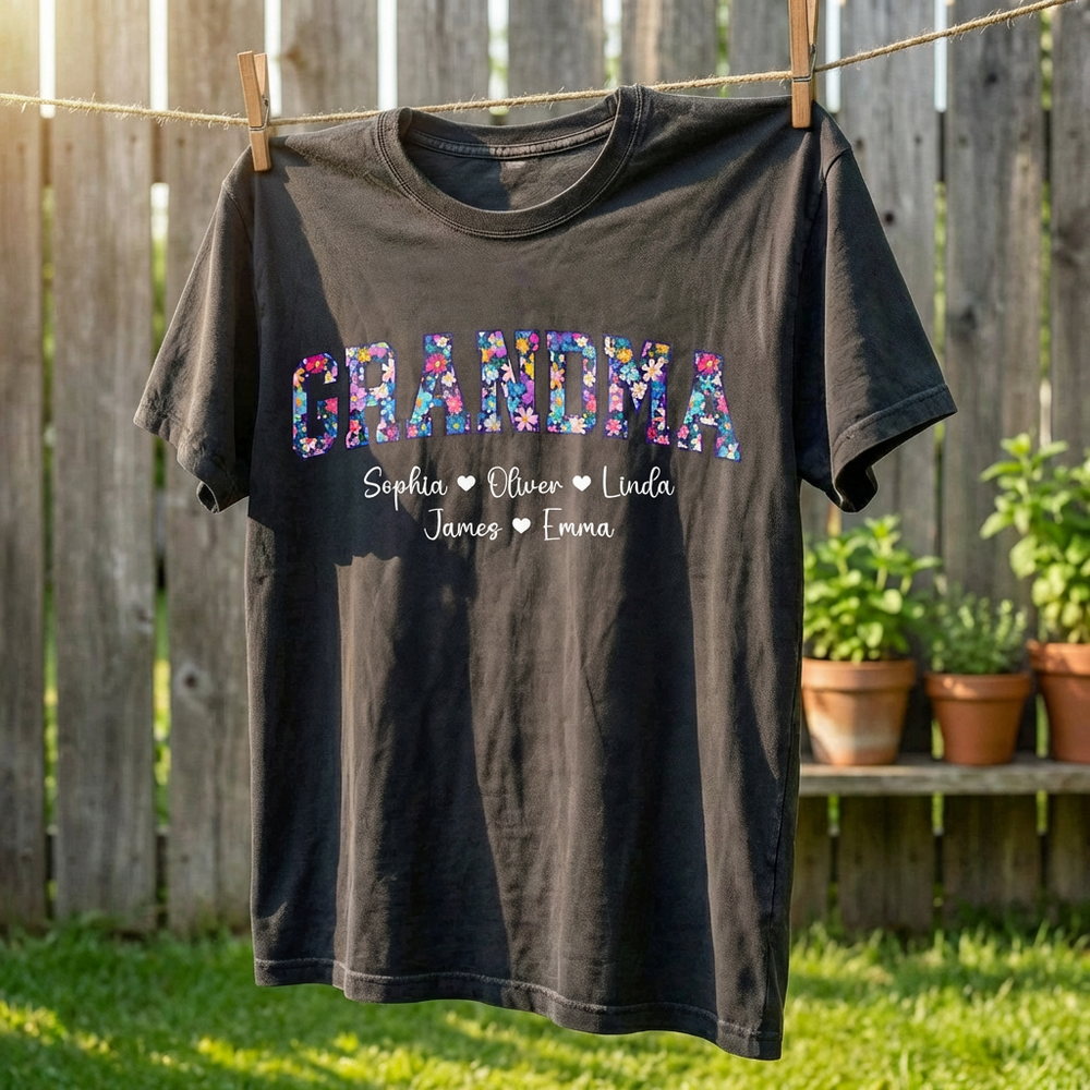 Personalized Floral Grandma Title T-Shirt
