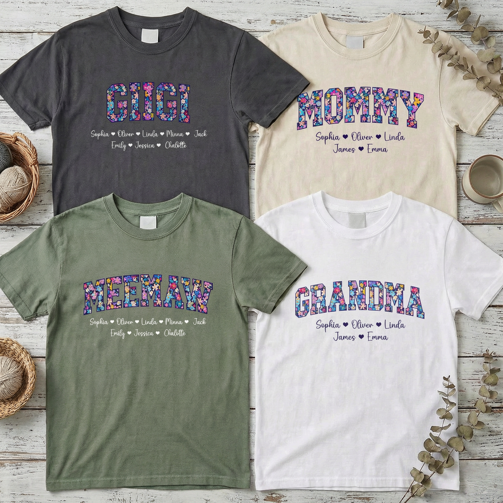 Personalized Floral Grandma Title T-Shirt