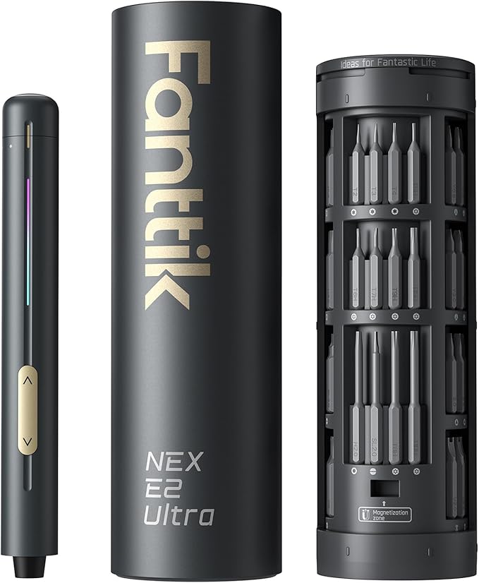 Fanttik E2 Ultra Mini Electric Screwdriver, Cordless Screwdriver, Max 0.6N.m, 50 Magnetic Bits, 5/32'' Hex, Magnetic Storage, Repair Tool For Electronics, Camera, Laptop, And PC Build (Grey)