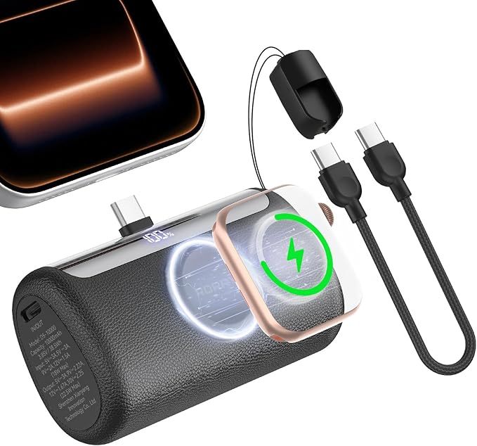RORRY Mini Portable Charger USB C, 10000mAh PD 22.5W Fast Charging Small Power Bank, Travel Essential Battery Pack For IPhone 17/16/15 Series And Apple Watch Ultra/11/10/9/SE, IPad, Black