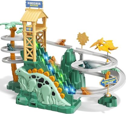 Dinosaur Climbing Slide Stair Toy For Toddlers Aged 3 4 5 6 7 8 - Racing Track Game Set, Sliding Car Toy, Dinosaur Themed With Light And Music, Birthday Dinosaur Gifts For Boys Girls Kids
