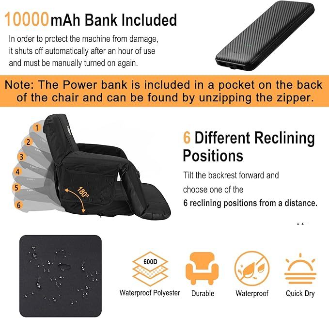 Heated Massage Reclining Stadium Seat, Bleacher Chair With 10000mAh Portable Bank, 6 Reclining Positions For Camping, Games & Sports