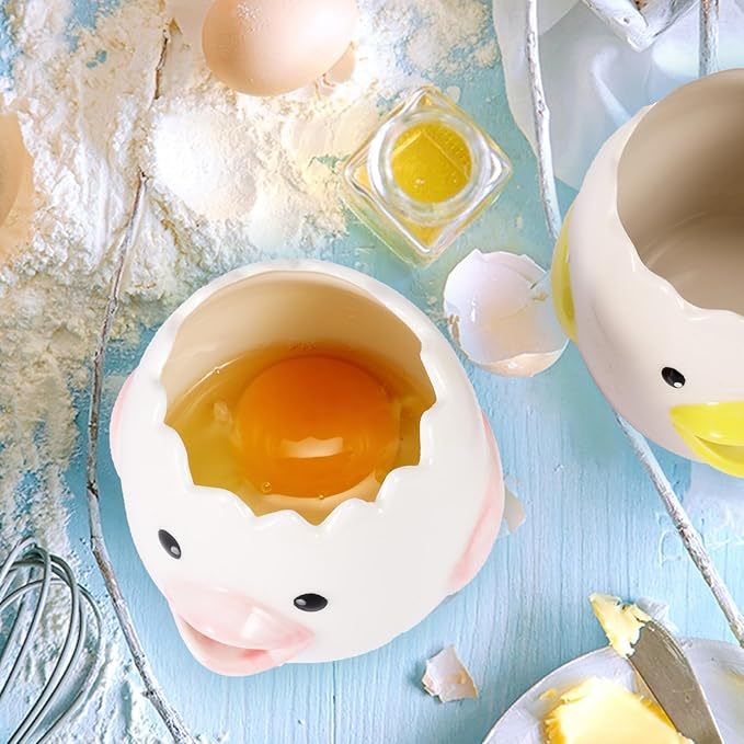 2 Pack Cute Egg Separator, Ceramics Vomiting Chicken Egg Yolk Egg White Separator, Little Chick Small Egg Filter Splitter,Dishwasher Safe (Yellow & Pink)