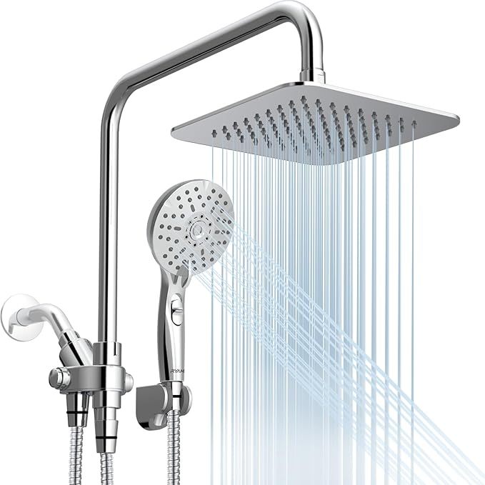 Ryamen Dual Shower Head Combo, 8'' High Pressure Rain Shower Head With Handheld Spray, 6 Settings Handheld Showerhead, 15" Height Adjustable Slide Bar, Angle Adjustable, Chrome Polished