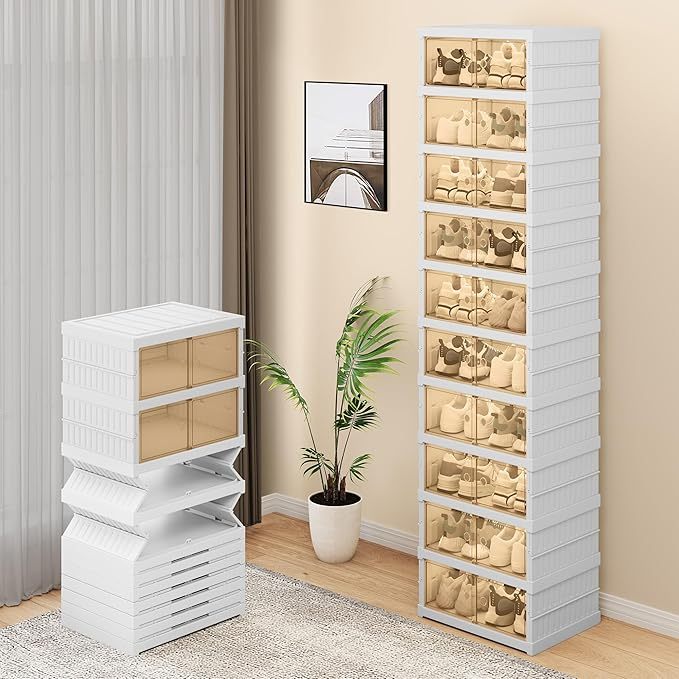 YITAHOME 10 Tiers-20 Pairs Easy Assembly Shoe Box With Magnetic Doors, Foldable Shoe Storage Organizer For Closet, Collapsible Shoe Rack Sneaker Organizer For Entryway, Living Room, Bedroom (White)
