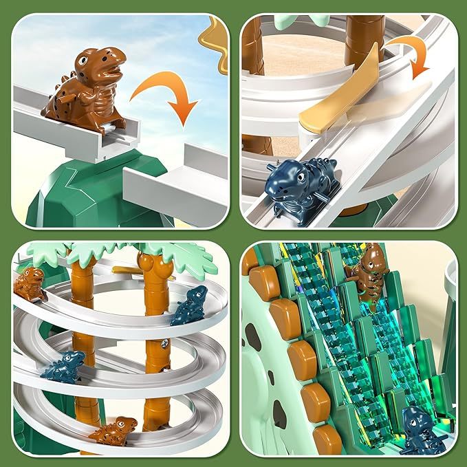 Dinosaur Climbing Slide Stair Toy For Toddlers Aged 3 4 5 6 7 8 - Racing Track Game Set, Sliding Car Toy, Dinosaur Themed With Light And Music, Birthday Dinosaur Gifts For Boys Girls Kids