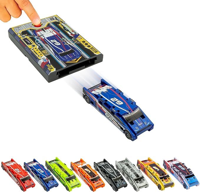 FLAT 2 FAST Original Stunt Card Racer – Flat Car Racer And Pocket Size Racecar Launcher With Built-in Button For Stunt Launching And Racing – Compact – Blue