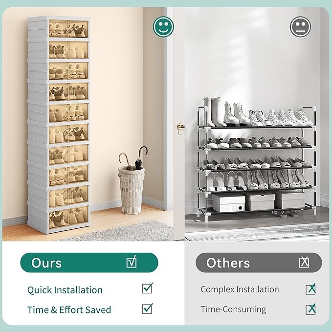 YITAHOME 10 Tiers-20 Pairs Easy Assembly Shoe Box With Magnetic Doors, Foldable Shoe Storage Organizer For Closet, Collapsible Shoe Rack Sneaker Organizer For Entryway, Living Room, Bedroom (White)